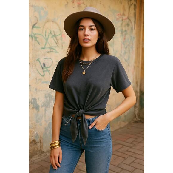 Le Superbe Tied Up Tee T-Shirt Cropped Knot Washed Black Cotton Medium - Picture 1 of 7